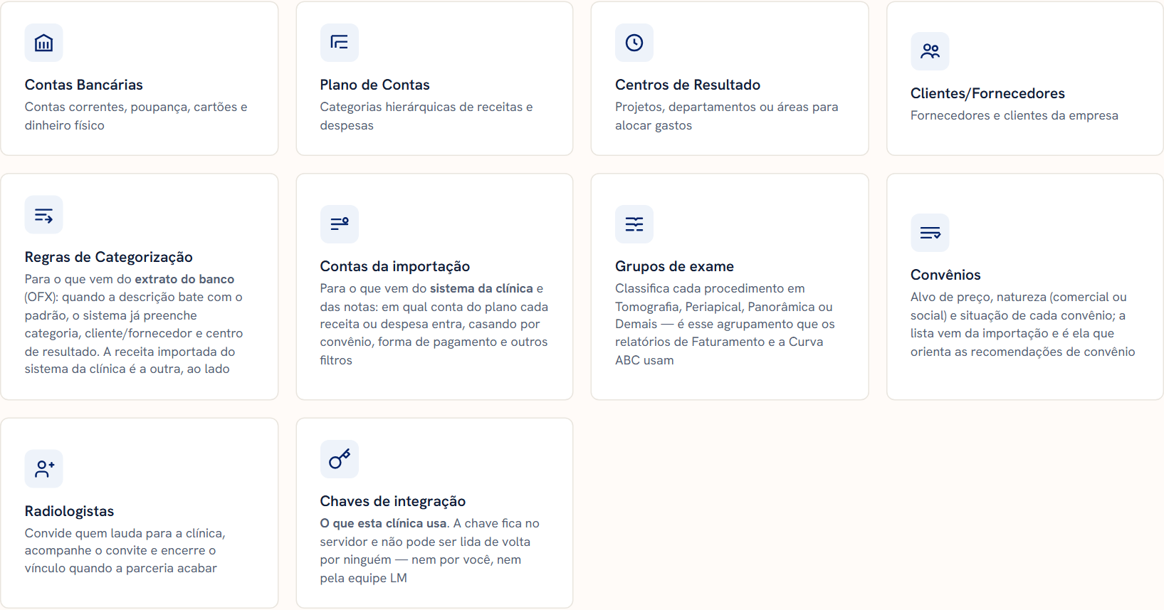Tela Cadastros com seis cartões: Contas Bancárias, Plano de Contas, Centros de Resultado, Contratos, Clientes/Fornecedores e Regras de Categorização.
